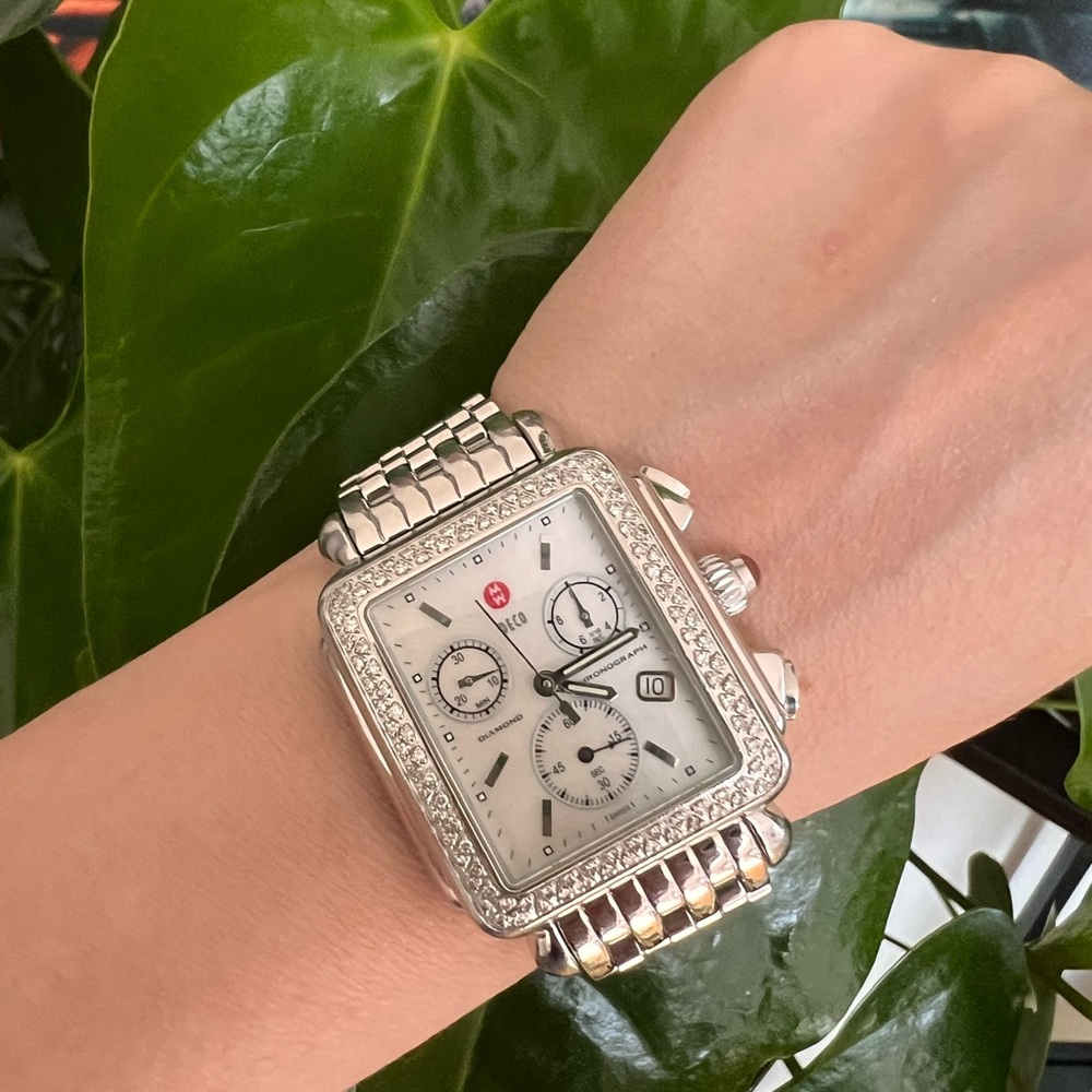 MICHELE Deco Chronograph Diamond Watch with Stainless Steel Bracelet